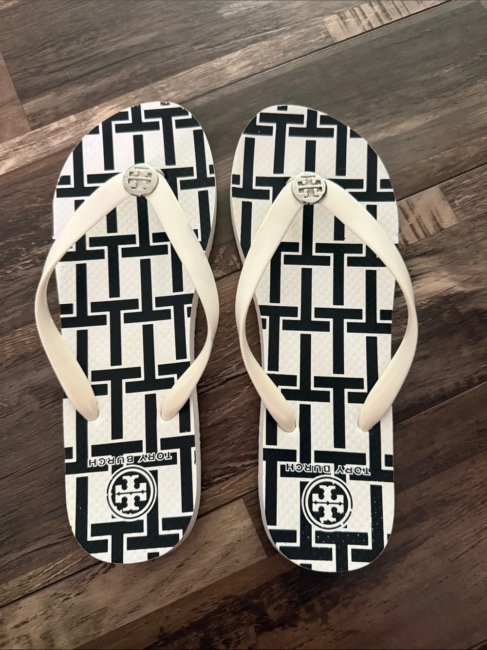 Tory Burch Strappy Sandals with Black-and-White Geometric Footbed 10/11
